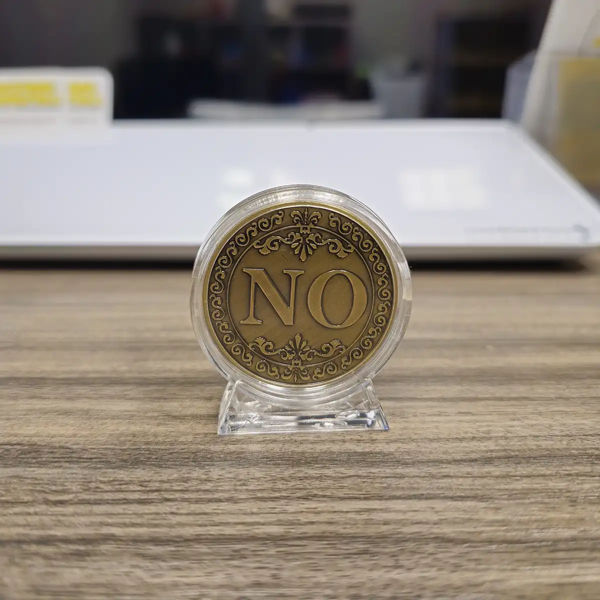 Decision coin no in display case