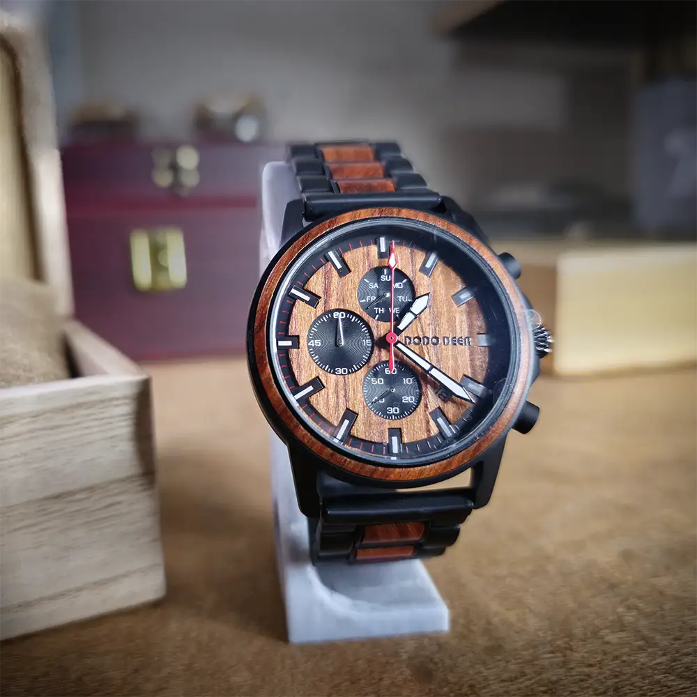 wood watch with case