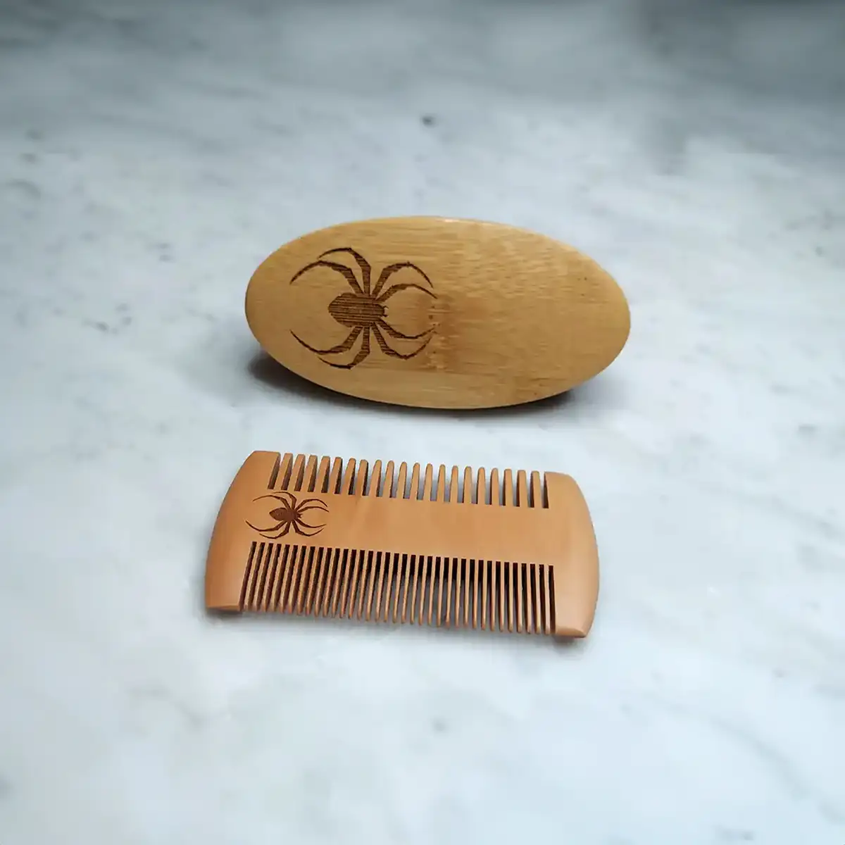 Beard comb and brush set with spider design