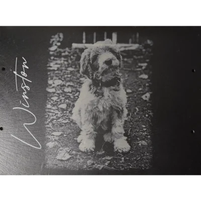 Dog picture with name engraved on slate serving tray