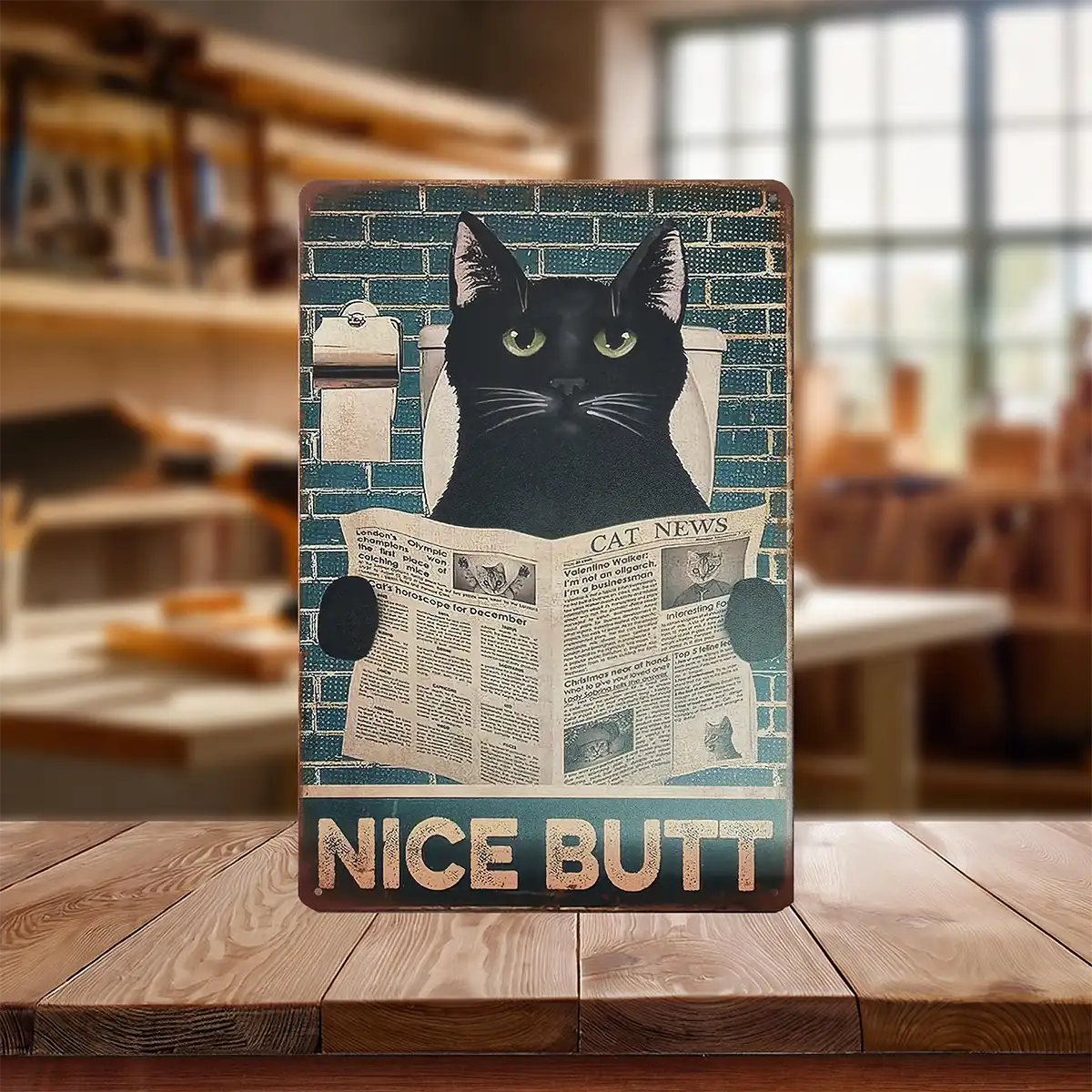 Metal sign with black cat reading the newspaper sitting on toilet. Sign says nice butt.