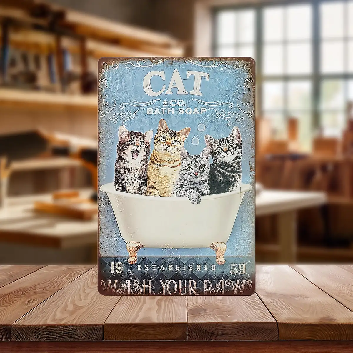 Metal sign with cats in a bathtub. Cat & Company bath soap wash your paws.